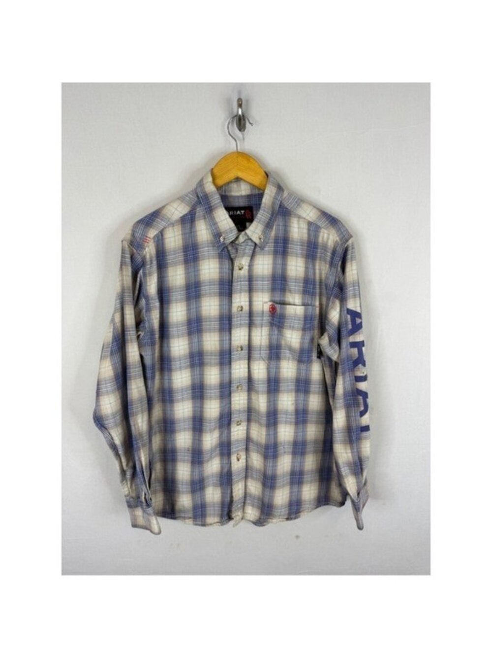 Ariat FR Mens Large Blue Plaid Flame Resistant CAT 2 Work Shirt Long Sleeve L/G